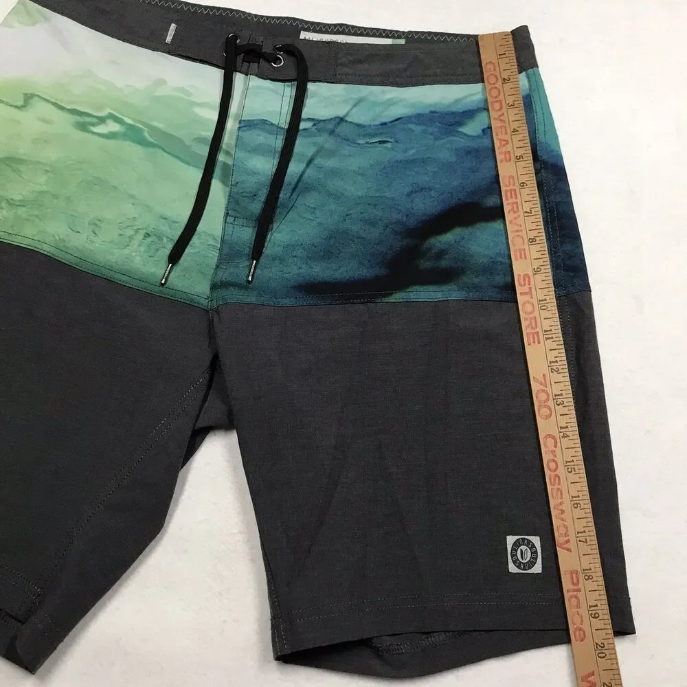 LINKSOUL Swim Board Trunks Men 34 Gray Green Blue Print Unlined Drawstring